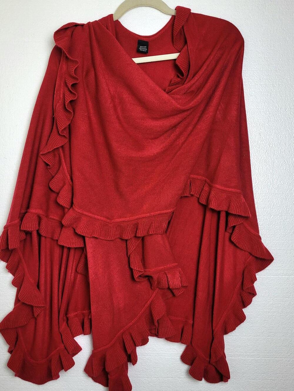 Red Knit Shawl Wrap with Ruffle - Picture 6 of 6